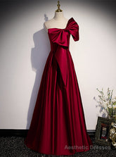 Burgundy Satin One Shoulder Bow Prom Dress